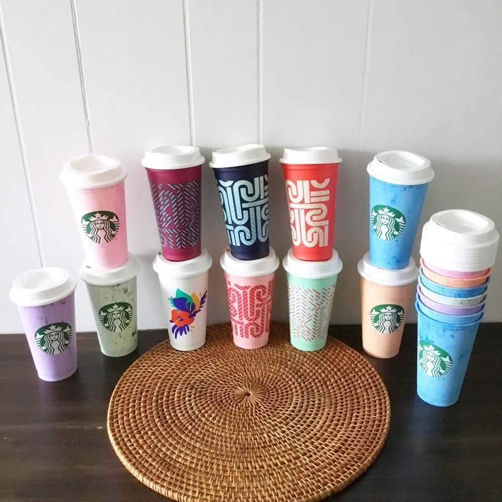 Lot Of 18 Reusable Coffee Cups On The Go Floral Marble Starbucks